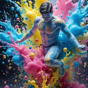 Paint Splat Fun - AI Photos of Hot men having fun with body paint. AI-generated abstract art featuring beautiful, handsome, sexy, shirtless, men, boys, lads, full of excitement joy and fun, covered in body paint, dynamic, interactive, Combining elements of realism with surreal abstract qualities, showcasing the potential of AI, in artistic expression. Photos of guys, just smiling, happy, and having a good time. Most of them are smiling because a paint bomb just blow up next to them, so I'm calling is Abstract Art. When paint attacks and makes people happy, it's Art!