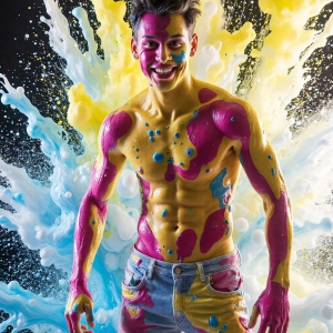 Paint Splat Fun - AI Photos of Hot men having fun with body paint. AI-generated abstract art featuring beautiful, handsome, sexy, shirtless, men, boys, lads, full of excitement joy and fun, covered in body paint, dynamic, interactive, Combining elements of realism with surreal abstract qualities, showcasing the potential of AI, in artistic expression. Photos of guys, just smiling, happy, and having a good time. Most of them are smiling because a paint bomb just blow up next to them, so I'm calling is Abstract Art. When paint attacks and makes people happy, it's Art!