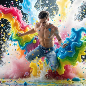 Paint Splat Fun - AI Photos of Hot men having fun with body paint. AI-generated abstract art featuring beautiful, handsome, sexy, shirtless, men, boys, lads, full of excitement joy and fun, covered in body paint, dynamic, interactive, Combining elements of realism with surreal abstract qualities, showcasing the potential of AI, in artistic expression. Photos of guys, just smiling, happy, and having a good time. Most of them are smiling because a paint bomb just blow up next to them, so I'm calling is Abstract Art. When paint attacks and makes people happy, it's Art!