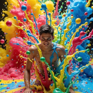 Paint Splat Fun - AI Photos of Hot men having fun with body paint. AI-generated abstract art featuring beautiful, handsome, sexy, shirtless, men, boys, lads, full of excitement joy and fun, covered in body paint, dynamic, interactive, Combining elements of realism with surreal abstract qualities, showcasing the potential of AI, in artistic expression. Photos of guys, just smiling, happy, and having a good time. Most of them are smiling because a paint bomb just blow up next to them, so I'm calling is Abstract Art. When paint attacks and makes people happy, it's Art!