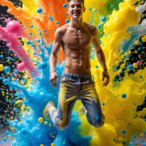 Paint Splat Fun - AI Photos of Hot men having fun with body paint. AI-generated abstract art featuring beautiful, handsome, sexy, shirtless, men, boys, lads, full of excitement joy and fun, covered in body paint, dynamic, interactive, Combining elements of realism with surreal abstract qualities, showcasing the potential of AI, in artistic expression. Photos of guys, just smiling, happy, and having a good time. Most of them are smiling because a paint bomb just blow up next to them, so I'm calling is Abstract Art. When paint attacks and makes people happy, it's Art!