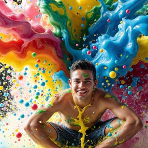 Paint Splat Fun - AI Photos of Hot men having fun with body paint. AI-generated abstract art featuring beautiful, handsome, sexy, shirtless, men, boys, lads, full of excitement joy and fun, covered in body paint, dynamic, interactive, Combining elements of realism with surreal abstract qualities, showcasing the potential of AI, in artistic expression. Photos of guys, just smiling, happy, and having a good time. Most of them are smiling because a paint bomb just blow up next to them, so I'm calling is Abstract Art. When paint attacks and makes people happy, it's Art!