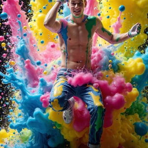Paint Splat Fun - AI Photos of Hot men having fun with body paint. AI-generated abstract art featuring beautiful, handsome, sexy, shirtless, men, boys, lads, full of excitement joy and fun, covered in body paint, dynamic, interactive, Combining elements of realism with surreal abstract qualities, showcasing the potential of AI, in artistic expression. Photos of guys, just smiling, happy, and having a good time. Most of them are smiling because a paint bomb just blow up next to them, so I'm calling is Abstract Art. When paint attacks and makes people happy, it's Art!