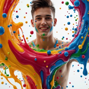 Paint Splat Fun - AI Photos of Hot men having fun with body paint. AI-generated abstract art featuring beautiful, handsome, sexy, shirtless, men, boys, lads, full of excitement joy and fun, covered in body paint, dynamic, interactive, Combining elements of realism with surreal abstract qualities, showcasing the potential of AI, in artistic expression. Photos of guys, just smiling, happy, and having a good time. Most of them are smiling because a paint bomb just blow up next to them, so I'm calling is Abstract Art. When paint attacks and makes people happy, it's Art!