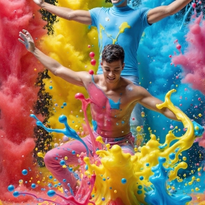 Paint Splat Fun - AI Photos of Hot men having fun with body paint. AI-generated abstract art featuring beautiful, handsome, sexy, shirtless, men, boys, lads, full of excitement joy and fun, covered in body paint, dynamic, interactive, Combining elements of realism with surreal abstract qualities, showcasing the potential of AI, in artistic expression. Photos of guys, just smiling, happy, and having a good time. Most of them are smiling because a paint bomb just blow up next to them, so I'm calling is Abstract Art. When paint attacks and makes people happy, it's Art!