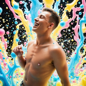 Paint Splat Fun - AI Photos of Hot men having fun with body paint. AI-generated abstract art featuring beautiful, handsome, sexy, shirtless, men, boys, lads, full of excitement joy and fun, covered in body paint, dynamic, interactive, Combining elements of realism with surreal abstract qualities, showcasing the potential of AI, in artistic expression. Photos of guys, just smiling, happy, and having a good time. Most of them are smiling because a paint bomb just blow up next to them, so I'm calling is Abstract Art. When paint attacks and makes people happy, it's Art!