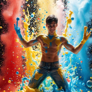 Paint Splat Fun - AI Photos of Hot men having fun with body paint. AI-generated abstract art featuring beautiful, handsome, sexy, shirtless, men, boys, lads, full of excitement joy and fun, covered in body paint, dynamic, interactive, Combining elements of realism with surreal abstract qualities, showcasing the potential of AI, in artistic expression. Photos of guys, just smiling, happy, and having a good time. Most of them are smiling because a paint bomb just blow up next to them, so I'm calling is Abstract Art. When paint attacks and makes people happy, it's Art!