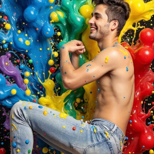 Paint Splat Fun - AI Photos of Hot men having fun with body paint. AI-generated abstract art featuring beautiful, handsome, sexy, shirtless, men, boys, lads, full of excitement joy and fun, covered in body paint, dynamic, interactive, Combining elements of realism with surreal abstract qualities, showcasing the potential of AI, in artistic expression. Photos of guys, just smiling, happy, and having a good time. Most of them are smiling because a paint bomb just blow up next to them, so I'm calling is Abstract Art. When paint attacks and makes people happy, it's Art!
