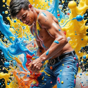 Paint Splat Fun - AI Photos of Hot men having fun with body paint. AI-generated abstract art featuring beautiful, handsome, sexy, shirtless, men, boys, lads, full of excitement joy and fun, covered in body paint, dynamic, interactive, Combining elements of realism with surreal abstract qualities, showcasing the potential of AI, in artistic expression. Photos of guys, just smiling, happy, and having a good time. Most of them are smiling because a paint bomb just blow up next to them, so I'm calling is Abstract Art. When paint attacks and makes people happy, it's Art!