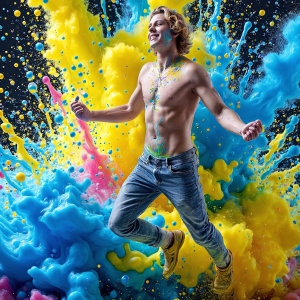 Paint Splat Fun - AI Photos of Hot men having fun with body paint. AI-generated abstract art featuring beautiful, handsome, sexy, shirtless, men, boys, lads, full of excitement joy and fun, covered in body paint, dynamic, interactive, Combining elements of realism with surreal abstract qualities, showcasing the potential of AI, in artistic expression. Photos of guys, just smiling, happy, and having a good time. Most of them are smiling because a paint bomb just blow up next to them, so I'm calling is Abstract Art. When paint attacks and makes people happy, it's Art!