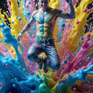 Paint Splat Fun - AI Photos of Hot men having fun with body paint. AI-generated abstract art featuring beautiful, handsome, sexy, shirtless, men, boys, lads, full of excitement joy and fun, covered in body paint, dynamic, interactive, Combining elements of realism with surreal abstract qualities, showcasing the potential of AI, in artistic expression. Photos of guys, just smiling, happy, and having a good time. Most of them are smiling because a paint bomb just blow up next to them, so I'm calling is Abstract Art. When paint attacks and makes people happy, it's Art!