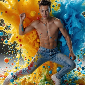 Paint Splat Fun - AI Photos of Hot men having fun with body paint. AI-generated abstract art featuring beautiful, handsome, sexy, shirtless, men, boys, lads, full of excitement joy and fun, covered in body paint, dynamic, interactive, Combining elements of realism with surreal abstract qualities, showcasing the potential of AI, in artistic expression. Photos of guys, just smiling, happy, and having a good time. Most of them are smiling because a paint bomb just blow up next to them, so I'm calling is Abstract Art. When paint attacks and makes people happy, it's Art!