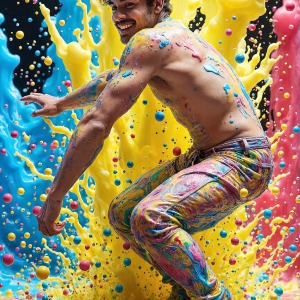 Paint Splat Fun - AI Photos of Hot men having fun with body paint. AI-generated abstract art featuring beautiful, handsome, sexy, shirtless, men, boys, lads, full of excitement joy and fun, covered in body paint, dynamic, interactive, Combining elements of realism with surreal abstract qualities, showcasing the potential of AI, in artistic expression. Photos of guys, just smiling, happy, and having a good time. Most of them are smiling because a paint bomb just blow up next to them, so I'm calling is Abstract Art. When paint attacks and makes people happy, it's Art!