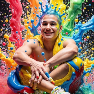 Paint Splat Fun - AI Photos of Hot men having fun with body paint. AI-generated abstract art featuring beautiful, handsome, sexy, shirtless, men, boys, lads, full of excitement joy and fun, covered in body paint, dynamic, interactive, Combining elements of realism with surreal abstract qualities, showcasing the potential of AI, in artistic expression. Photos of guys, just smiling, happy, and having a good time. Most of them are smiling because a paint bomb just blow up next to them, so I'm calling is Abstract Art. When paint attacks and makes people happy, it's Art!