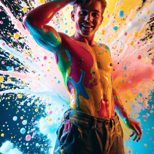 Paint Splat Fun - AI Photos of Hot men having fun with body paint. AI-generated abstract art featuring beautiful, handsome, sexy, shirtless, men, boys, lads, full of excitement joy and fun, covered in body paint, dynamic, interactive, Combining elements of realism with surreal abstract qualities, showcasing the potential of AI, in artistic expression. Photos of guys, just smiling, happy, and having a good time. Most of them are smiling because a paint bomb just blow up next to them, so I'm calling is Abstract Art. When paint attacks and makes people happy, it's Art!