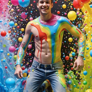 Paint Splat Fun - AI Photos of Hot men having fun with body paint. AI-generated abstract art featuring beautiful, handsome, sexy, shirtless, men, boys, lads, full of excitement joy and fun, covered in body paint, dynamic, interactive, Combining elements of realism with surreal abstract qualities, showcasing the potential of AI, in artistic expression. Photos of guys, just smiling, happy, and having a good time. Most of them are smiling because a paint bomb just blow up next to them, so I'm calling is Abstract Art. When paint attacks and makes people happy, it's Art!