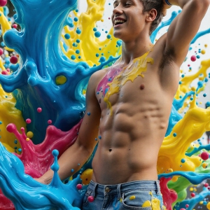 Paint Splat Fun - AI Photos of Hot men having fun with body paint. AI-generated abstract art featuring beautiful, handsome, sexy, shirtless, men, boys, lads, full of excitement joy and fun, covered in body paint, dynamic, interactive, Combining elements of realism with surreal abstract qualities, showcasing the potential of AI, in artistic expression. Photos of guys, just smiling, happy, and having a good time. Most of them are smiling because a paint bomb just blow up next to them, so I'm calling is Abstract Art. When paint attacks and makes people happy, it's Art!
