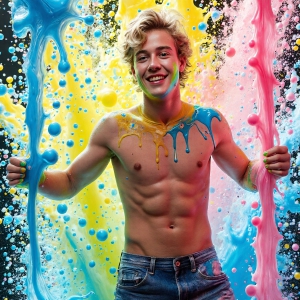 Paint Splat Fun - AI Photos of Hot men having fun with body paint. AI-generated abstract art featuring beautiful, handsome, sexy, shirtless, men, boys, lads, full of excitement joy and fun, covered in body paint, dynamic, interactive, Combining elements of realism with surreal abstract qualities, showcasing the potential of AI, in artistic expression. Photos of guys, just smiling, happy, and having a good time. Most of them are smiling because a paint bomb just blow up next to them, so I'm calling is Abstract Art. When paint attacks and makes people happy, it's Art!