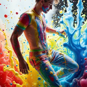Paint Splat Fun - AI Photos of Hot men having fun with body paint. AI-generated abstract art featuring beautiful, handsome, sexy, shirtless, men, boys, lads, full of excitement joy and fun, covered in body paint, dynamic, interactive, Combining elements of realism with surreal abstract qualities, showcasing the potential of AI, in artistic expression. Photos of guys, just smiling, happy, and having a good time. Most of them are smiling because a paint bomb just blow up next to them, so I'm calling is Abstract Art. When paint attacks and makes people happy, it's Art!