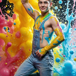 Paint Splat Fun - AI Photos of Hot men having fun with body paint. AI-generated abstract art featuring beautiful, handsome, sexy, shirtless, men, boys, lads, full of excitement joy and fun, covered in body paint, dynamic, interactive, Combining elements of realism with surreal abstract qualities, showcasing the potential of AI, in artistic expression. Photos of guys, just smiling, happy, and having a good time. Most of them are smiling because a paint bomb just blow up next to them, so I'm calling is Abstract Art. When paint attacks and makes people happy, it's Art!