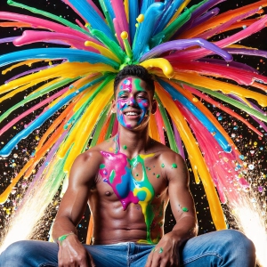 Paint Splat Fun - AI Photos of Hot men having fun with body paint. AI-generated abstract art featuring beautiful, handsome, sexy, shirtless, men, boys, lads, full of excitement joy and fun, covered in body paint, dynamic, interactive, Combining elements of realism with surreal abstract qualities, showcasing the potential of AI, in artistic expression. Photos of guys, just smiling, happy, and having a good time. Most of them are smiling because a paint bomb just blow up next to them, so I'm calling is Abstract Art. When paint attacks and makes people happy, it's Art!