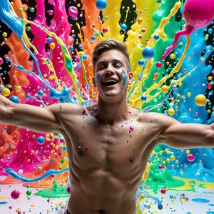 Paint Splat Fun - AI Photos of Hot men having fun with body paint. AI-generated abstract art featuring beautiful, handsome, sexy, shirtless, men, boys, lads, full of excitement joy and fun, covered in body paint, dynamic, interactive, Combining elements of realism with surreal abstract qualities, showcasing the potential of AI, in artistic expression. Photos of guys, just smiling, happy, and having a good time. Most of them are smiling because a paint bomb just blow up next to them, so I'm calling is Abstract Art. When paint attacks and makes people happy, it's Art!