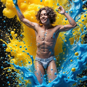 Paint Splat Fun - AI Photos of Hot men having fun with body paint. AI-generated abstract art featuring beautiful, handsome, sexy, shirtless, men, boys, lads, full of excitement joy and fun, covered in body paint, dynamic, interactive, Combining elements of realism with surreal abstract qualities, showcasing the potential of AI, in artistic expression. Photos of guys, just smiling, happy, and having a good time. Most of them are smiling because a paint bomb just blow up next to them, so I'm calling is Abstract Art. When paint attacks and makes people happy, it's Art!
