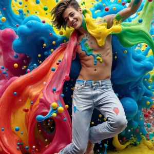 Paint Splat Fun - AI Photos of Hot men having fun with body paint. AI-generated abstract art featuring beautiful, handsome, sexy, shirtless, men, boys, lads, full of excitement joy and fun, covered in body paint, dynamic, interactive, Combining elements of realism with surreal abstract qualities, showcasing the potential of AI, in artistic expression. Photos of guys, just smiling, happy, and having a good time. Most of them are smiling because a paint bomb just blow up next to them, so I'm calling is Abstract Art. When paint attacks and makes people happy, it's Art!