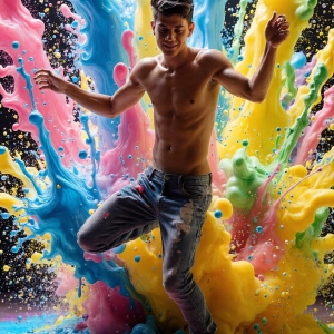 Paint Splat Fun - AI Photos of Hot men having fun with body paint. AI-generated abstract art featuring beautiful, handsome, sexy, shirtless, men, boys, lads, full of excitement joy and fun, covered in body paint, dynamic, interactive, Combining elements of realism with surreal abstract qualities, showcasing the potential of AI, in artistic expression. Photos of guys, just smiling, happy, and having a good time. Most of them are smiling because a paint bomb just blow up next to them, so I'm calling is Abstract Art. When paint attacks and makes people happy, it's Art!