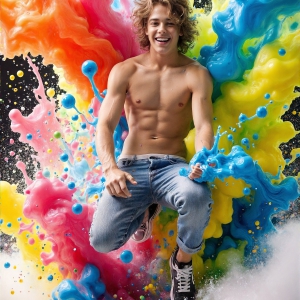 Paint Splat Fun - AI Photos of Hot men having fun with body paint. AI-generated abstract art featuring beautiful, handsome, sexy, shirtless, men, boys, lads, full of excitement joy and fun, covered in body paint, dynamic, interactive, Combining elements of realism with surreal abstract qualities, showcasing the potential of AI, in artistic expression. Photos of guys, just smiling, happy, and having a good time. Most of them are smiling because a paint bomb just blow up next to them, so I'm calling is Abstract Art. When paint attacks and makes people happy, it's Art!