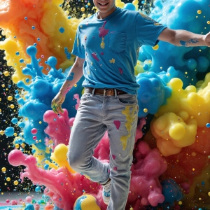 Paint Splat Fun - AI Photos of Hot men having fun with body paint. AI-generated abstract art featuring beautiful, handsome, sexy, shirtless, men, boys, lads, full of excitement joy and fun, covered in body paint, dynamic, interactive, Combining elements of realism with surreal abstract qualities, showcasing the potential of AI, in artistic expression. Photos of guys, just smiling, happy, and having a good time. Most of them are smiling because a paint bomb just blow up next to them, so I'm calling is Abstract Art. When paint attacks and makes people happy, it's Art!