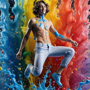 Paint Splat Fun - AI Photos of Hot men having fun with body paint. AI-generated abstract art featuring beautiful, handsome, sexy, shirtless, men, boys, lads, full of excitement joy and fun, covered in body paint, dynamic, interactive, Combining elements of realism with surreal abstract qualities, showcasing the potential of AI, in artistic expression. Photos of guys, just smiling, happy, and having a good time. Most of them are smiling because a paint bomb just blow up next to them, so I'm calling is Abstract Art. When paint attacks and makes people happy, it's Art!