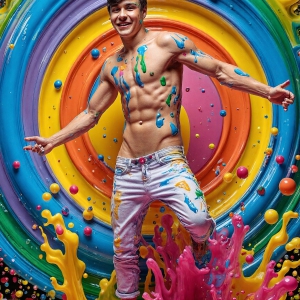 Paint Splat Fun - AI Photos of Hot men having fun with body paint. AI-generated abstract art featuring beautiful, handsome, sexy, shirtless, men, boys, lads, full of excitement joy and fun, covered in body paint, dynamic, interactive, Combining elements of realism with surreal abstract qualities, showcasing the potential of AI, in artistic expression. Photos of guys, just smiling, happy, and having a good time. Most of them are smiling because a paint bomb just blow up next to them, so I'm calling is Abstract Art. When paint attacks and makes people happy, it's Art!