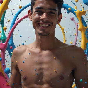Paint Splat Fun - AI Photos of Hot men having fun with body paint. AI-generated abstract art featuring beautiful, handsome, sexy, shirtless, men, boys, lads, full of excitement joy and fun, covered in body paint, dynamic, interactive, Combining elements of realism with surreal abstract qualities, showcasing the potential of AI, in artistic expression. Photos of guys, just smiling, happy, and having a good time. Most of them are smiling because a paint bomb just blow up next to them, so I'm calling is Abstract Art. When paint attacks and makes people happy, it's Art!