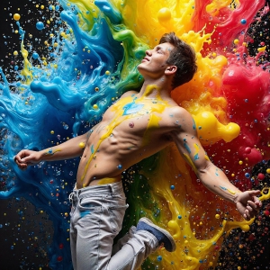 Paint Splat Fun - AI Photos of Hot men having fun with body paint. AI-generated abstract art featuring beautiful, handsome, sexy, shirtless, men, boys, lads, full of excitement joy and fun, covered in body paint, dynamic, interactive, Combining elements of realism with surreal abstract qualities, showcasing the potential of AI, in artistic expression. Photos of guys, just smiling, happy, and having a good time. Most of them are smiling because a paint bomb just blow up next to them, so I'm calling is Abstract Art. When paint attacks and makes people happy, it's Art!