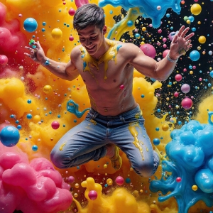 Paint Splat Fun - AI Photos of Hot men having fun with body paint. AI-generated abstract art featuring beautiful, handsome, sexy, shirtless, men, boys, lads, full of excitement joy and fun, covered in body paint, dynamic, interactive, Combining elements of realism with surreal abstract qualities, showcasing the potential of AI, in artistic expression. Photos of guys, just smiling, happy, and having a good time. Most of them are smiling because a paint bomb just blow up next to them, so I'm calling is Abstract Art. When paint attacks and makes people happy, it's Art!