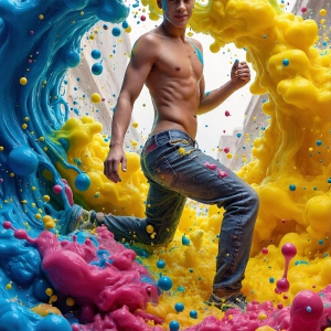 Paint Splat Fun - AI Photos of Hot men having fun with body paint. AI-generated abstract art featuring beautiful, handsome, sexy, shirtless, men, boys, lads, full of excitement joy and fun, covered in body paint, dynamic, interactive, Combining elements of realism with surreal abstract qualities, showcasing the potential of AI, in artistic expression. Photos of guys, just smiling, happy, and having a good time. Most of them are smiling because a paint bomb just blow up next to them, so I'm calling is Abstract Art. When paint attacks and makes people happy, it's Art!