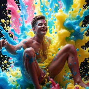 Paint Splat Fun - AI Photos of Hot men having fun with body paint. AI-generated abstract art featuring beautiful, handsome, sexy, shirtless, men, boys, lads, full of excitement joy and fun, covered in body paint, dynamic, interactive, Combining elements of realism with surreal abstract qualities, showcasing the potential of AI, in artistic expression. Photos of guys, just smiling, happy, and having a good time. Most of them are smiling because a paint bomb just blow up next to them, so I'm calling is Abstract Art. When paint attacks and makes people happy, it's Art!