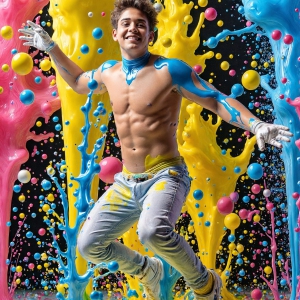 Paint Splat Fun - AI Photos of Hot men having fun with body paint. AI-generated abstract art featuring beautiful, handsome, sexy, shirtless, men, boys, lads, full of excitement joy and fun, covered in body paint, dynamic, interactive, Combining elements of realism with surreal abstract qualities, showcasing the potential of AI, in artistic expression. Photos of guys, just smiling, happy, and having a good time. Most of them are smiling because a paint bomb just blow up next to them, so I'm calling is Abstract Art. When paint attacks and makes people happy, it's Art!