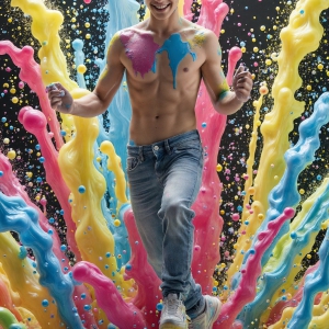 Paint Splat Fun - AI Photos of Hot men having fun with body paint. AI-generated abstract art featuring beautiful, handsome, sexy, shirtless, men, boys, lads, full of excitement joy and fun, covered in body paint, dynamic, interactive, Combining elements of realism with surreal abstract qualities, showcasing the potential of AI, in artistic expression. Photos of guys, just smiling, happy, and having a good time. Most of them are smiling because a paint bomb just blow up next to them, so I'm calling is Abstract Art. When paint attacks and makes people happy, it's Art!