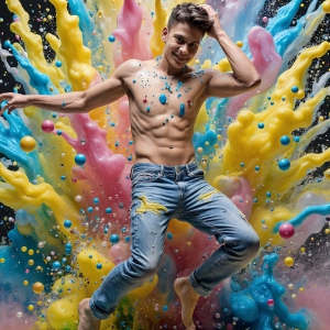 Paint Splat Fun - AI Photos of Hot men having fun with body paint. AI-generated abstract art featuring beautiful, handsome, sexy, shirtless, men, boys, lads, full of excitement joy and fun, covered in body paint, dynamic, interactive, Combining elements of realism with surreal abstract qualities, showcasing the potential of AI, in artistic expression. Photos of guys, just smiling, happy, and having a good time. Most of them are smiling because a paint bomb just blow up next to them, so I'm calling is Abstract Art. When paint attacks and makes people happy, it's Art!