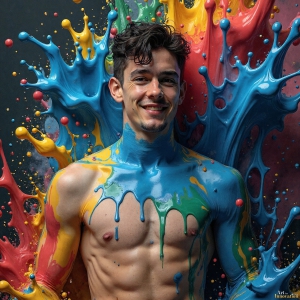 Paint Splat Fun - AI Photos of Hot men having fun with body paint. AI-generated abstract art featuring beautiful, handsome, sexy, shirtless, men, boys, lads, full of excitement joy and fun, covered in body paint, dynamic, interactive, Combining elements of realism with surreal abstract qualities, showcasing the potential of AI, in artistic expression. Photos of guys, just smiling, happy, and having a good time. Most of them are smiling because a paint bomb just blow up next to them, so I'm calling is Abstract Art. When paint attacks and makes people happy, it's Art!