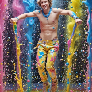 Paint Splat Fun - AI Photos of Hot men having fun with body paint. AI-generated abstract art featuring beautiful, handsome, sexy, shirtless, men, boys, lads, full of excitement joy and fun, covered in body paint, dynamic, interactive, Combining elements of realism with surreal abstract qualities, showcasing the potential of AI, in artistic expression. Photos of guys, just smiling, happy, and having a good time. Most of them are smiling because a paint bomb just blow up next to them, so I'm calling is Abstract Art. When paint attacks and makes people happy, it's Art!