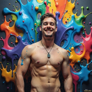 Paint Splat Fun - AI Photos of Hot men having fun with body paint. AI-generated abstract art featuring beautiful, handsome, sexy, shirtless, men, boys, lads, full of excitement joy and fun, covered in body paint, dynamic, interactive, Combining elements of realism with surreal abstract qualities, showcasing the potential of AI, in artistic expression. Photos of guys, just smiling, happy, and having a good time. Most of them are smiling because a paint bomb just blow up next to them, so I'm calling is Abstract Art. When paint attacks and makes people happy, it's Art!
