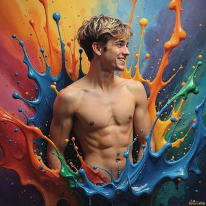 Paint Splat Fun - AI Photos of Hot men having fun with body paint. AI-generated abstract art featuring beautiful, handsome, sexy, shirtless, men, boys, lads, full of excitement joy and fun, covered in body paint, dynamic, interactive, Combining elements of realism with surreal abstract qualities, showcasing the potential of AI, in artistic expression. Photos of guys, just smiling, happy, and having a good time. Most of them are smiling because a paint bomb just blow up next to them, so I'm calling is Abstract Art. When paint attacks and makes people happy, it's Art!