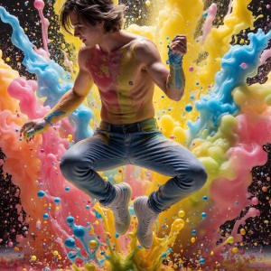 Paint Splat Fun - AI Photos of Hot men having fun with body paint. AI-generated abstract art featuring beautiful, handsome, sexy, shirtless, men, boys, lads, full of excitement joy and fun, covered in body paint, dynamic, interactive, Combining elements of realism with surreal abstract qualities, showcasing the potential of AI, in artistic expression. Photos of guys, just smiling, happy, and having a good time. Most of them are smiling because a paint bomb just blow up next to them, so I'm calling is Abstract Art. When paint attacks and makes people happy, it's Art!