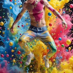 Paint Splat Fun - AI Photos of Hot men having fun with body paint. AI-generated abstract art featuring beautiful, handsome, sexy, shirtless, men, boys, lads, full of excitement joy and fun, covered in body paint, dynamic, interactive, Combining elements of realism with surreal abstract qualities, showcasing the potential of AI, in artistic expression. Photos of guys, just smiling, happy, and having a good time. Most of them are smiling because a paint bomb just blow up next to them, so I'm calling is Abstract Art. When paint attacks and makes people happy, it's Art!