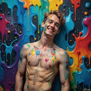 Paint Splat Fun - AI Photos of Hot men having fun with body paint. AI-generated abstract art featuring beautiful, handsome, sexy, shirtless, men, boys, lads, full of excitement joy and fun, covered in body paint, dynamic, interactive, Combining elements of realism with surreal abstract qualities, showcasing the potential of AI, in artistic expression. Photos of guys, just smiling, happy, and having a good time. Most of them are smiling because a paint bomb just blow up next to them, so I'm calling is Abstract Art. When paint attacks and makes people happy, it's Art!