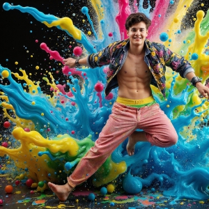 Paint Splat Fun - AI Photos of Hot men having fun with body paint. AI-generated abstract art featuring beautiful, handsome, sexy, shirtless, men, boys, lads, full of excitement joy and fun, covered in body paint, dynamic, interactive, Combining elements of realism with surreal abstract qualities, showcasing the potential of AI, in artistic expression. Photos of guys, just smiling, happy, and having a good time. Most of them are smiling because a paint bomb just blow up next to them, so I'm calling is Abstract Art. When paint attacks and makes people happy, it's Art!