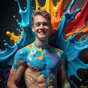 Paint Splat Fun - AI Photos of Hot men having fun with body paint. AI-generated abstract art featuring beautiful, handsome, sexy, shirtless, men, boys, lads, full of excitement joy and fun, covered in body paint, dynamic, interactive, Combining elements of realism with surreal abstract qualities, showcasing the potential of AI, in artistic expression. Photos of guys, just smiling, happy, and having a good time. Most of them are smiling because a paint bomb just blow up next to them, so I'm calling is Abstract Art. When paint attacks and makes people happy, it's Art!